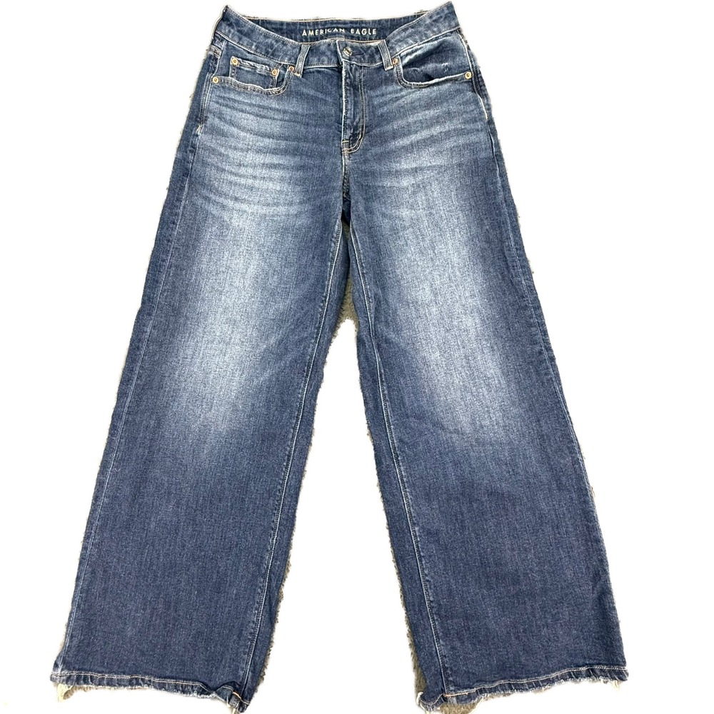 American Eagle Baggy Wide Leg Jeans Womens 4 Blue Low Rise Raw Hem Stretch